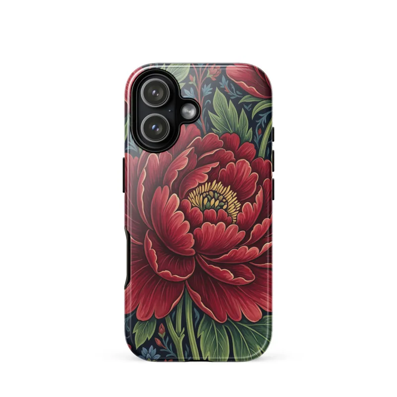 Crimson Peony Tough Phone Case, iPhone 15, 16 and 17 case, botanical floral art, maximalist style, flower lover gift