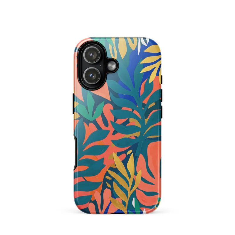 Cut-Out Leaves Tough Phone Case, Matisse-inspired art, teal phone case, colorful gift, iPhone 15, 16 and 17 case