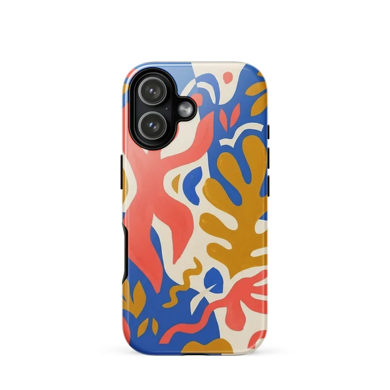 Bold coral and gold organic cut-out shapes Tough Phone Case, Matisse-inspired art, colorful phone case, iPhone 15, 16 and 17 case, playful gift