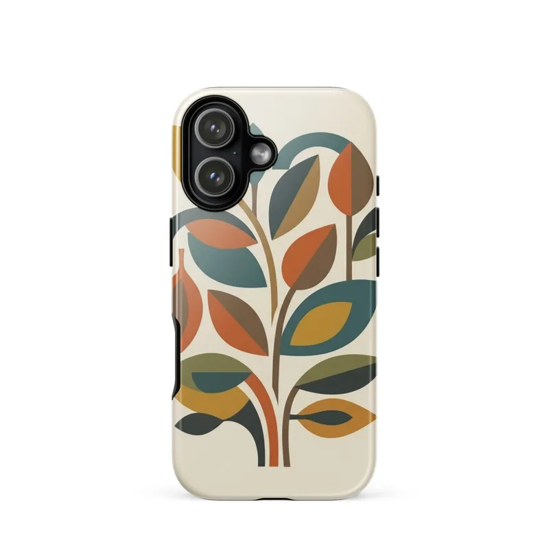 Abstract Leaf Cluster Tough Phone Case, iPhone 15, 16 and 17 case, mid-century modern style, gift for design lovers