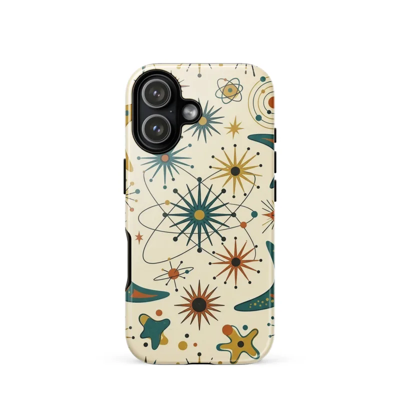 Sputnik Spark Pattern Tough Phone Case, iPhone 15, 16 and 17 case, retro atomic age design, mid-century modern gift for design lovers