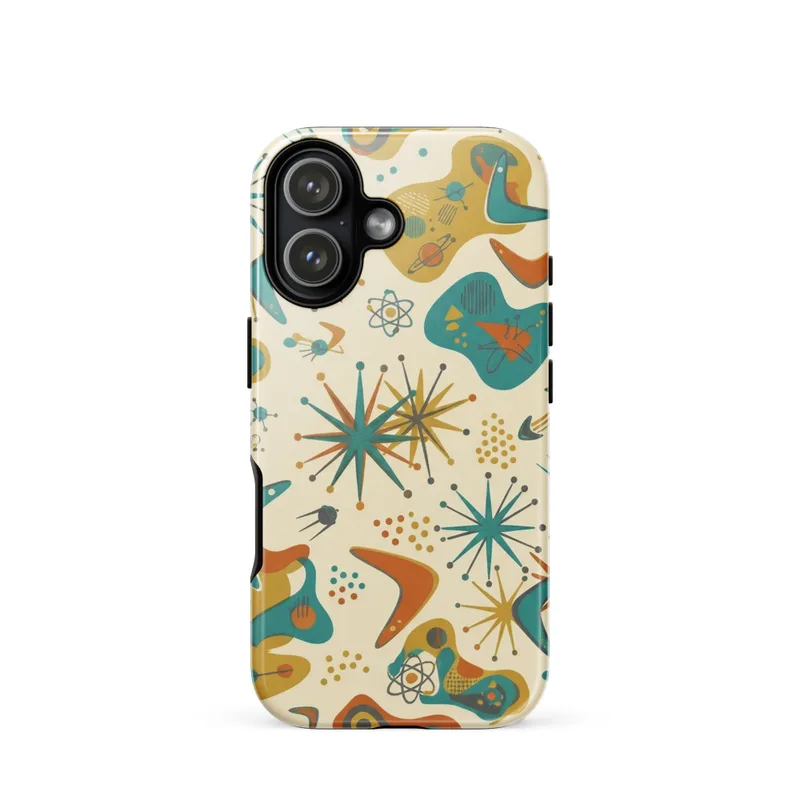 Retro Atomic Age Pattern Tough Phone Case, iPhone 15, 16 and 17 case, mid-century modern style, vintage design gift