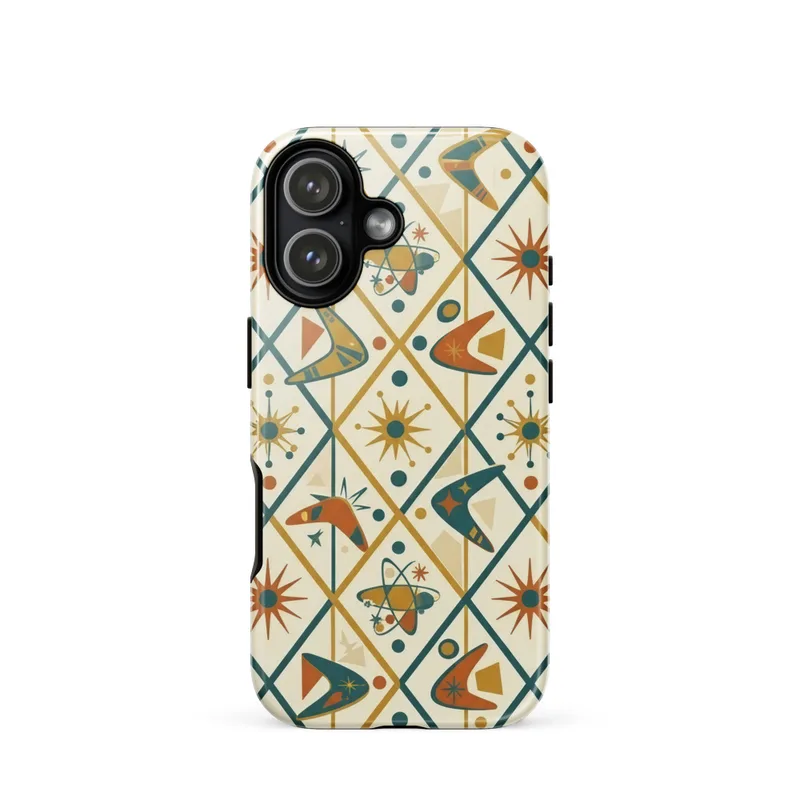 Boomerang Lattice Grid Tough Phone Case, iPhone 15, 16 and 17 case, retro atomic age pattern, mid-century modern gift