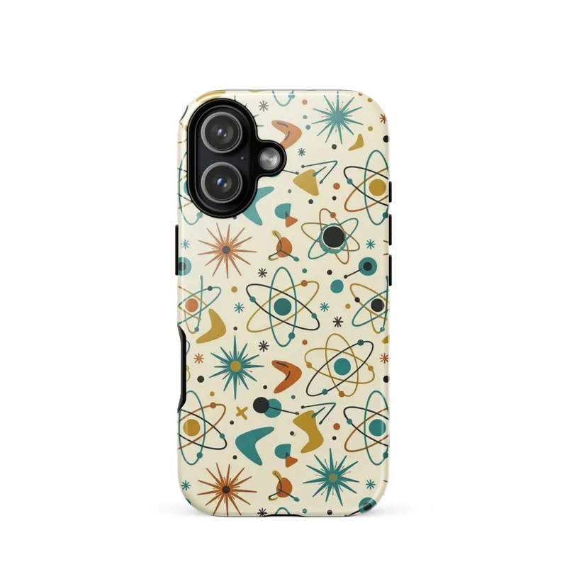 Atomic Molecule Cluster Tough Phone Case, iPhone 15, 16 and 17 case, retro 1950s atomic design, mid-century modern gift