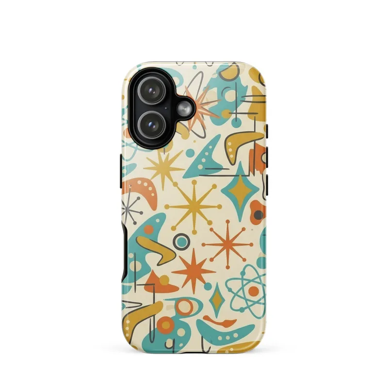 Atomic Starburst Pattern Tough Phone Case, retro mid-century modern, geometric 1950s style, iPhone 15, 16 and 17 case, gift for design lovers