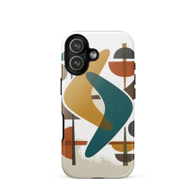 Mustard Boomerang Forms Tough Phone Case, mid-century modern, iPhone 15, 16 and 17 case, retro geometric gift