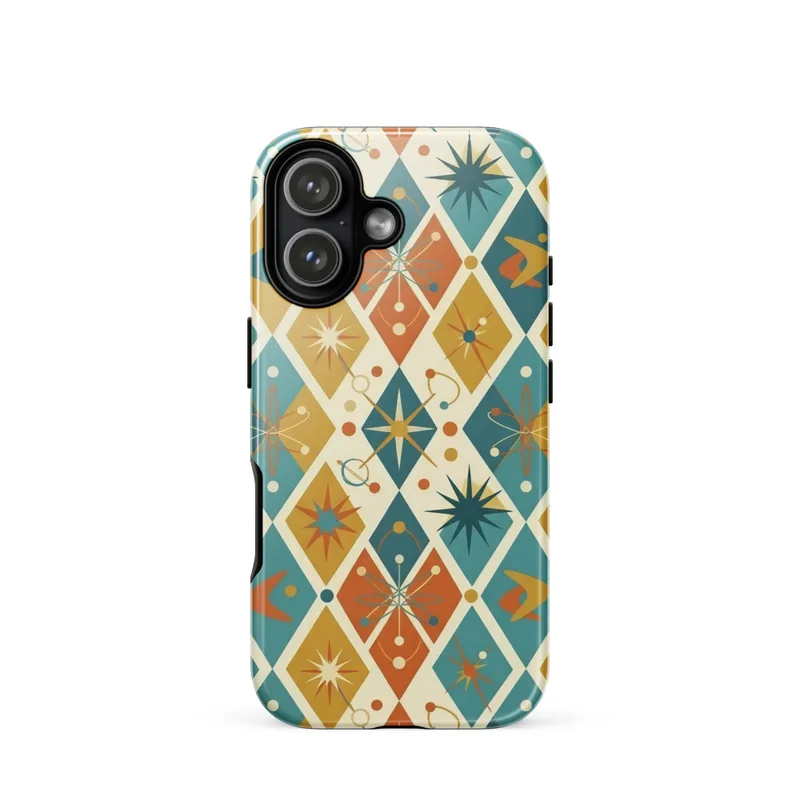 Retro mid-century modern atomic age pattern Tough Phone Case, repeating diamond and dot motif, vintage geometric style, iPhone 15, 16 and 17 case