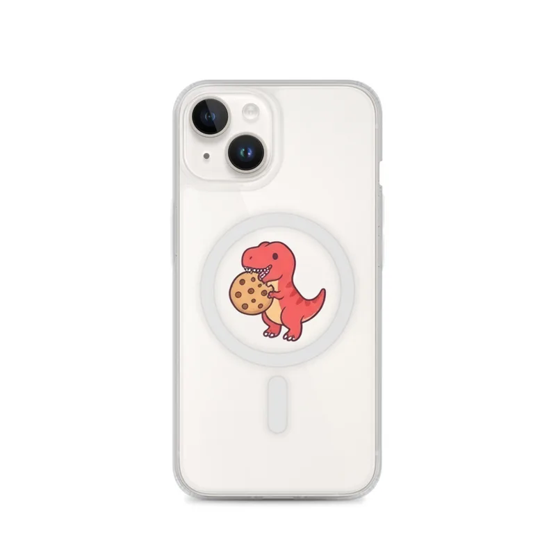 T-Rex With A Cookie MagSafe Clear Phone Case, iPhone 14, 15, 16 and 17 case, cute dessert art, kitchen decor, gift for dessert lovers