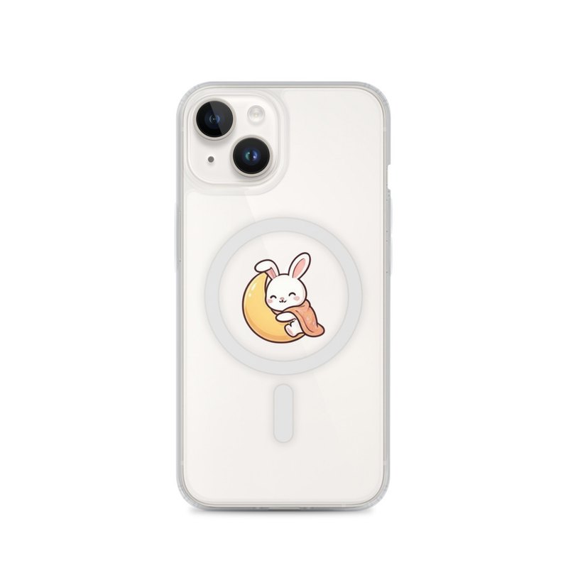 Bunny on the Moon iPhone 14, 15, 16 and 17 MagSafe clear phone case, pastel celestial design, cozy movie night accessory, thoughtful gift