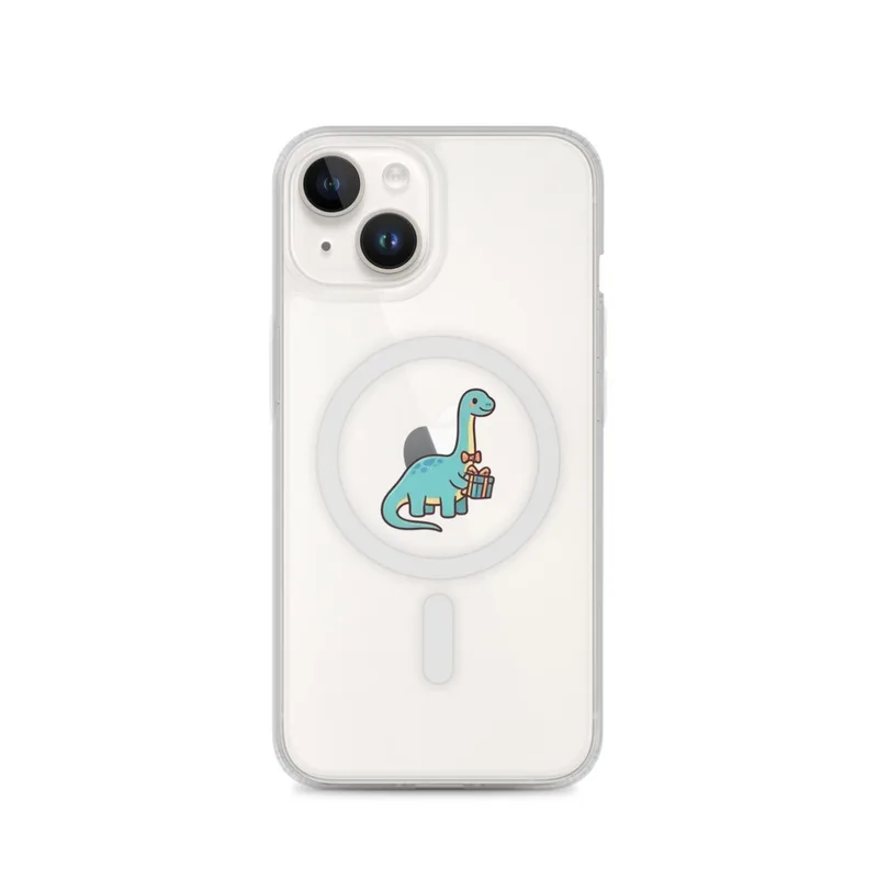 Brachiosaurus With A Gift MagSafe Clear Phone Case, iPhone 14, 15, 16 and 17 case, kawaii dinosaur, kids room decor, gift for dino fans