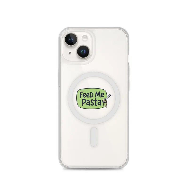 Feed Me Pasta MagSafe Clear Phone Case, iPhone 14, 15, 16 and 17 case, funny food meme, kitchen decor, gift for snack lovers