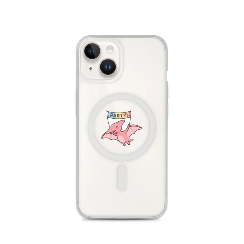 Party Pterodactyl MagSafe Clear Phone Case, iPhone 14, 15, 16 and 17 case, kawaii dinosaur, kids room decor, gift for dino fans