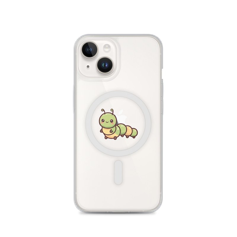 Green Caterpillar iPhone 14, 15, 16 and 17 case, MagSafe clear phone case, pastel floral phone cover, garden lover gift