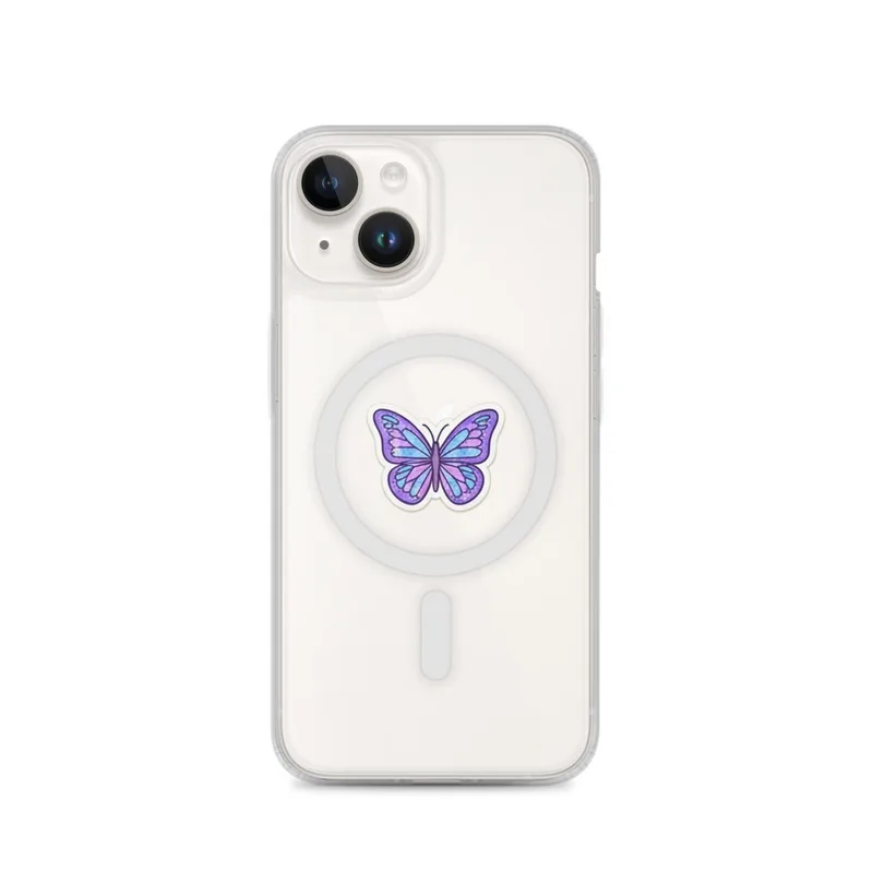 Purple Glitter Butterfly MagSafe Clear Phone Case, iPhone 14, 15, 16 and 17 case, y2k icon, room decor, gift for y2k fans