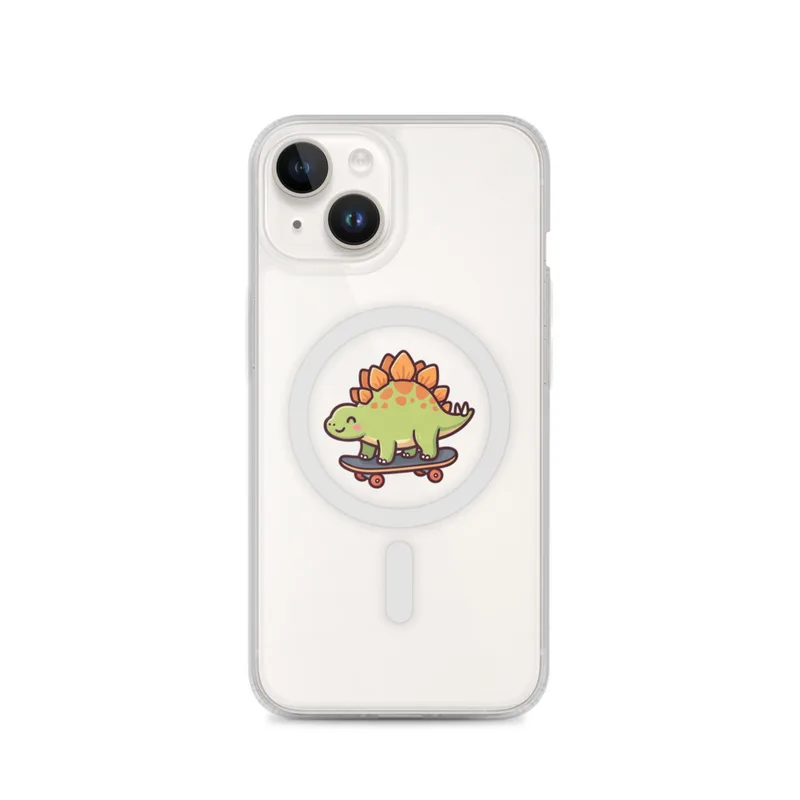 Skateboarding Stegosaurus MagSafe Clear Phone Case, iPhone 14, 15, 16 and 17 case, kawaii dinosaur, kids room decor, gift for dino fans