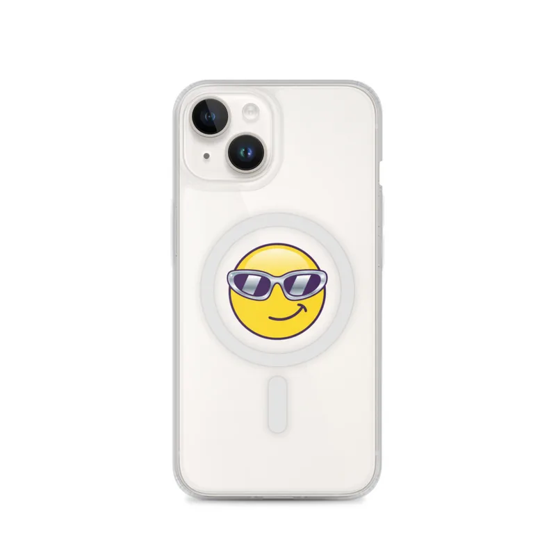 Sunglasses Smiley MagSafe Clear Phone Case, iPhone 14, 15, 16 and 17 case, y2k icon, room decor, gift for y2k fans