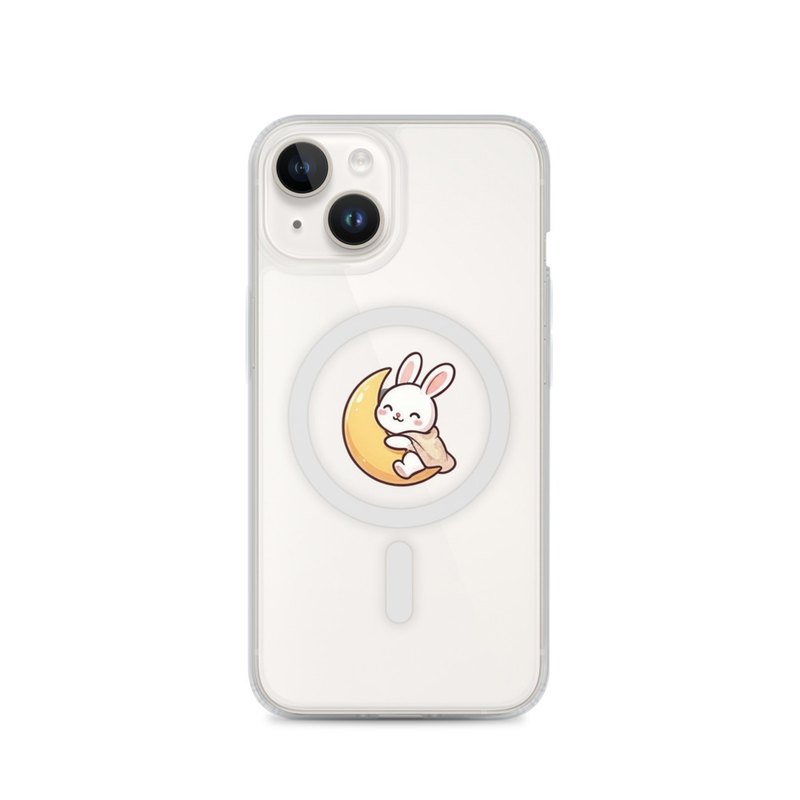 Bunny Asleep on the Moon iPhone 14, 15, 16 and 17 MagSafe Clear Case, dreamy night sky style, cozy gift for bunny lovers