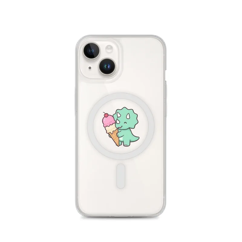 Triceratops With An Ice Cream MagSafe Clear Phone Case, iPhone 14, 15, 16 and 17 case, cute dessert art, kitchen decor, gift for dessert lovers