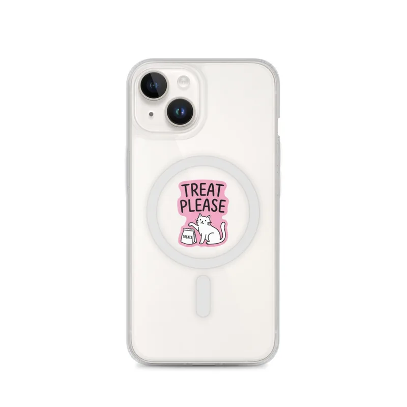 Treat Please MagSafe Clear Phone Case, iPhone 14, 15, 16 and 17 case, funny cat meme, cat lover decor, gift for cat people