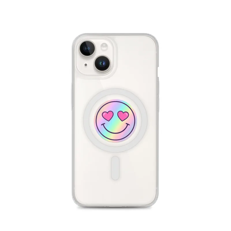Heart Eyes Smiley MagSafe Clear Phone Case, iPhone 14, 15, 16 and 17 case, y2k icon, room decor, gift for y2k fans