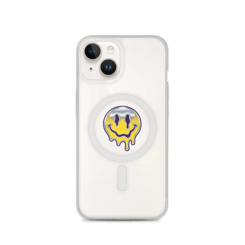 Dripping Chrome Smiley MagSafe Clear Phone Case, iPhone 14, 15, 16 and 17 case, y2k icon, room decor, gift for y2k fans