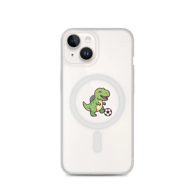 Soccer T-Rex MagSafe Clear Phone Case, iPhone 14, 15, 16 and 17 case, kawaii dinosaur, kids room decor, gift for dino fans