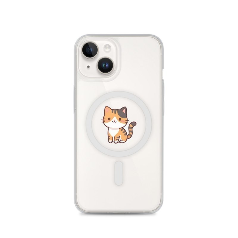 Calico Cat iPhone 14, 15, 16 and 17 case, MagSafe clear phone cover, playful cat design, cozy café style, cat lover gift
