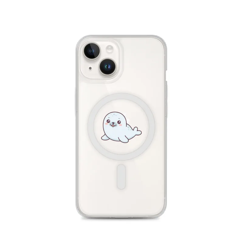 Snowy Seal Pup MagSafe Clear Phone Case, iPhone 14, 15, 16 and 17 case, kawaii winter animal, cute arctic gift, seal lover gift