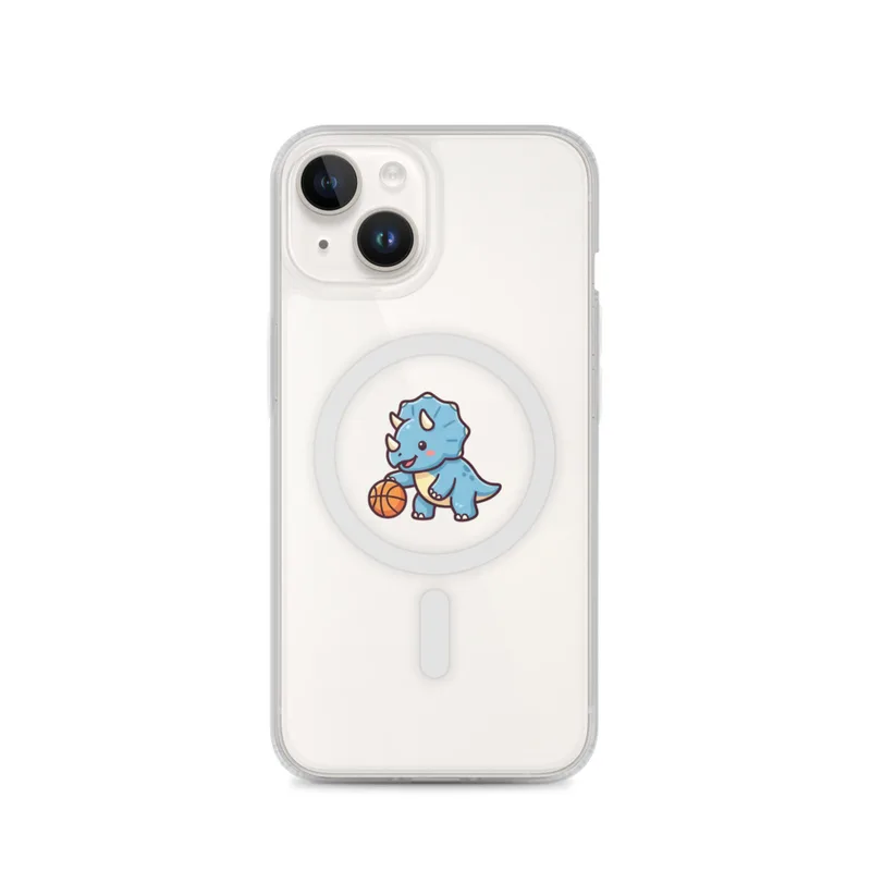 Basketball Triceratops MagSafe Clear Phone Case, iPhone 14, 15, 16 and 17 case, kawaii dinosaur, kids room decor, gift for dino fans