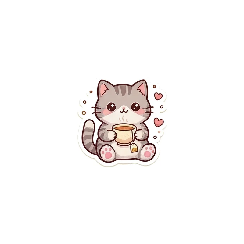 Grey Cat With Tea And Hearts Fridge Magnet, kawaii tea cat, kitchen decor, gift for tea lovers