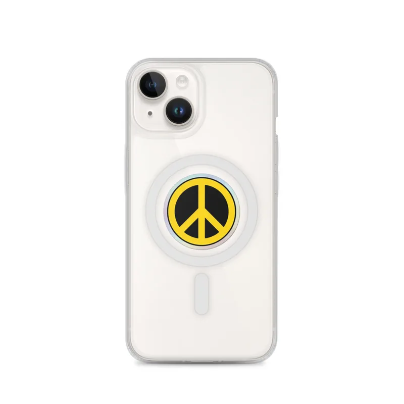 Yellow Peace Sign MagSafe Clear Phone Case, iPhone 14, 15, 16 and 17 case, y2k icon, room decor, gift for y2k fans