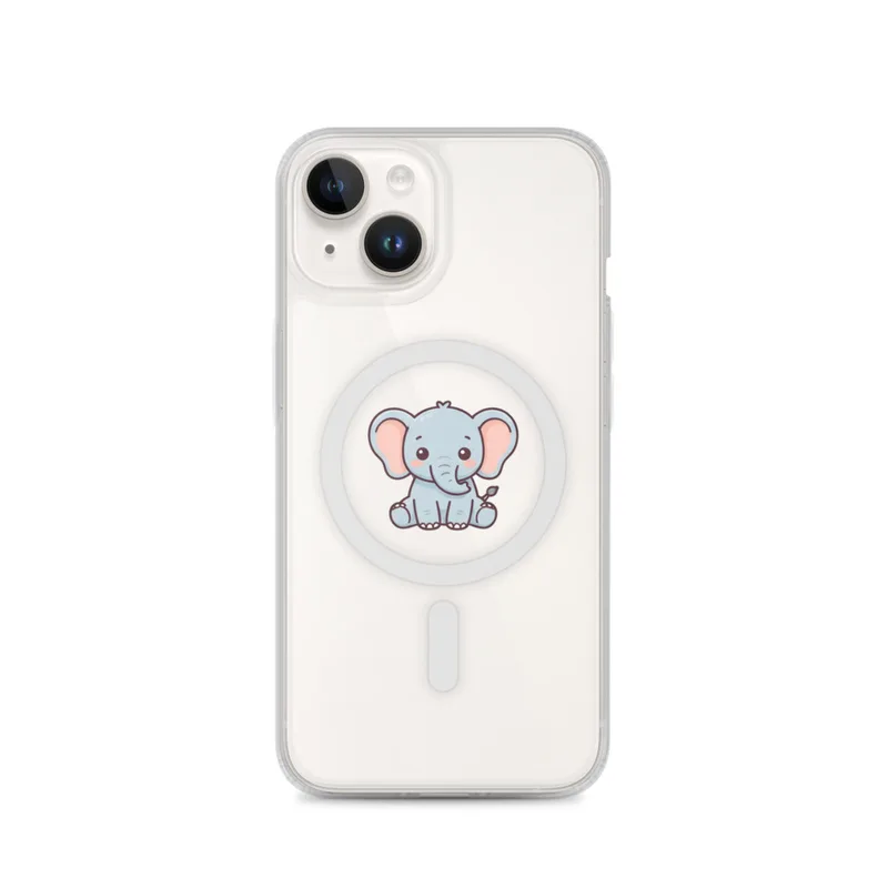Grey Baby Elephant MagSafe Clear Phone Case, iPhone 14, 15, 16 and 17 case, kawaii cartoon animal, cute gift for animal lovers