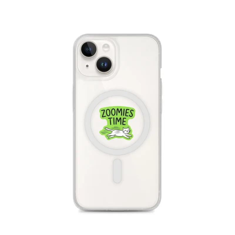 Zoomies Time MagSafe Clear Phone Case, iPhone 14, 15, 16 and 17 case, funny cat meme, cat lover decor, gift for cat people
