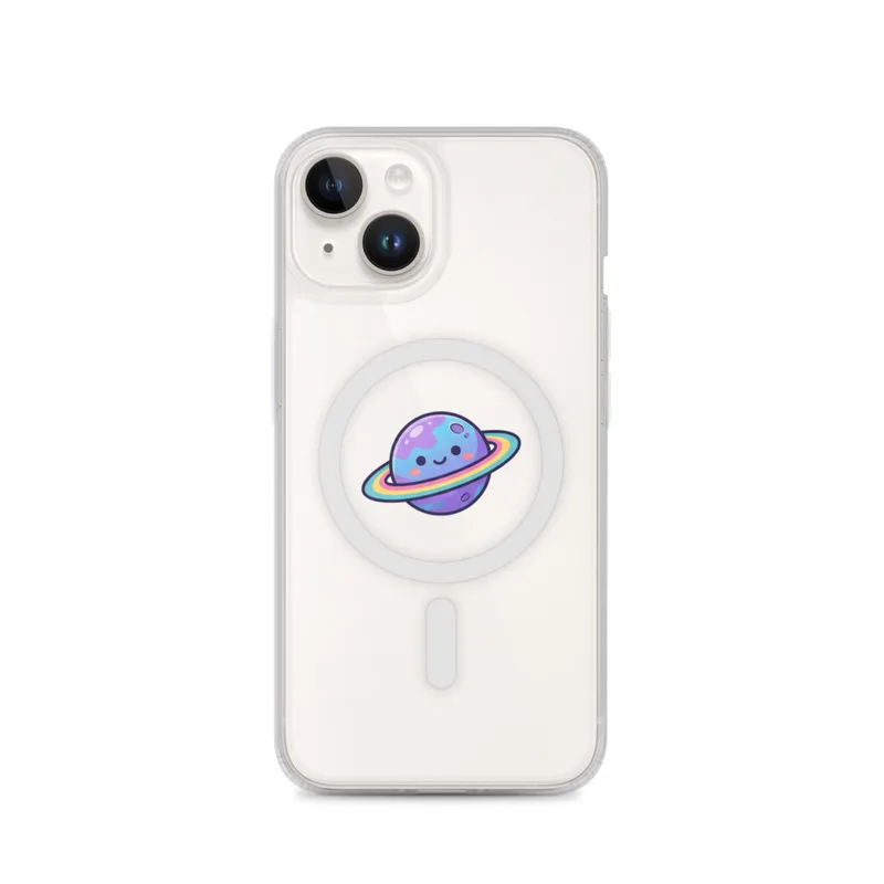 Happy Ringed Planet MagSafe Clear Phone Case, iPhone 14, 15, 16 and 17 case, kawaii dinosaur, kids room decor, gift for dino fans
