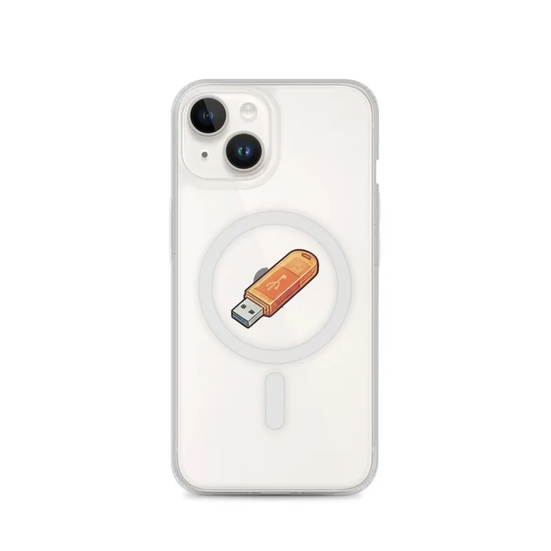 Orange USB Stick MagSafe Clear Phone Case, iPhone 14, 15, 16 and 17 case, y2k icon, room decor, gift for y2k fans
