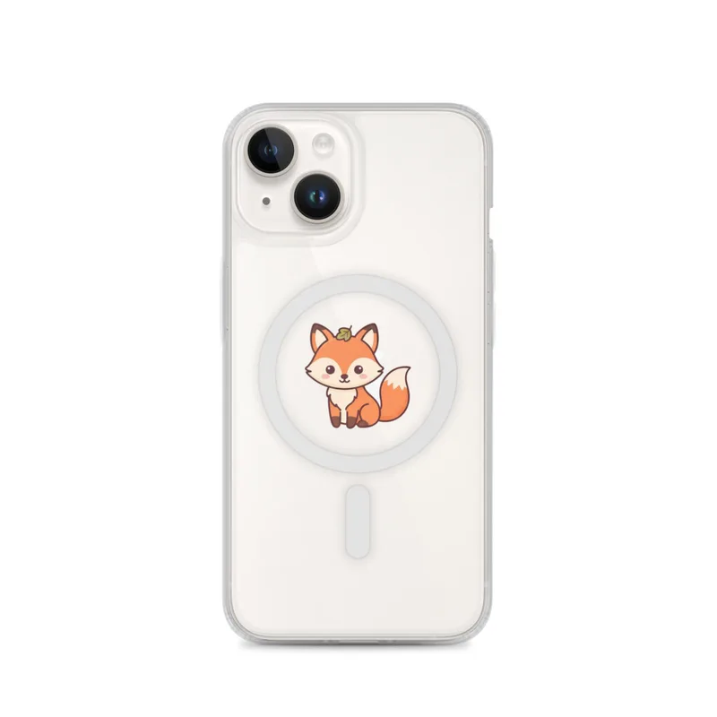 Red Fox With A Leaf MagSafe Clear Phone Case, iPhone 14, 15, 16 and 17 case, kawaii woodland art, single character, fox lover gift