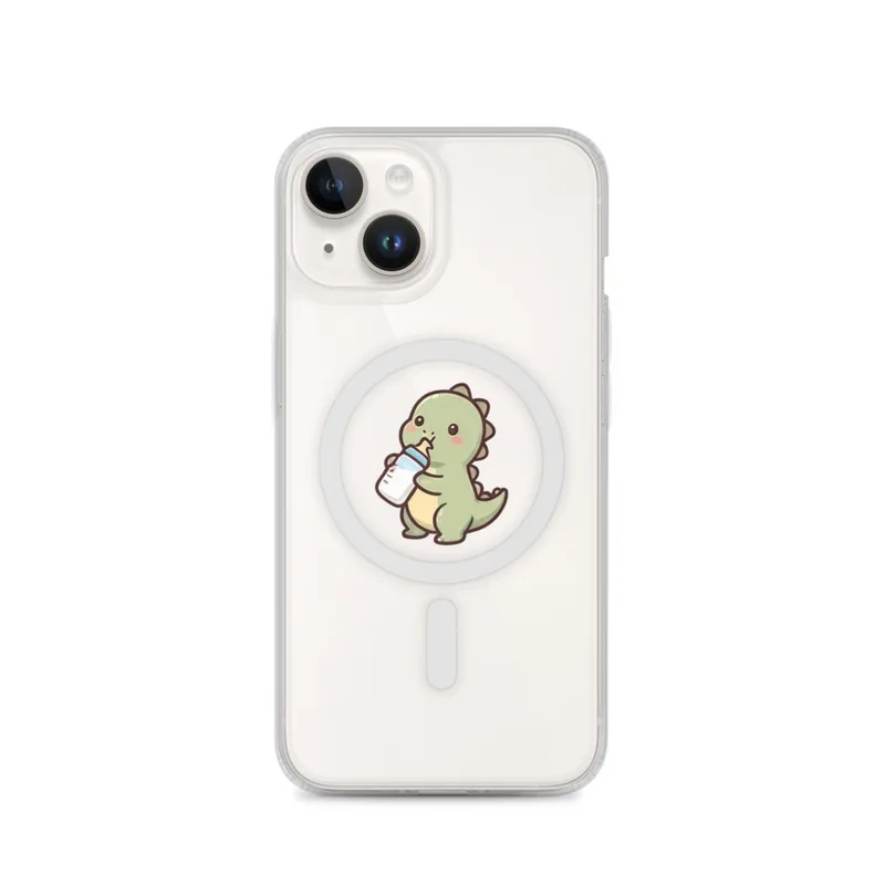 Baby Dino With A Milk Bottle MagSafe Clear Phone Case, iPhone 14, 15, 16 and 17 case, kawaii dinosaur, kids room decor, gift for dino fans