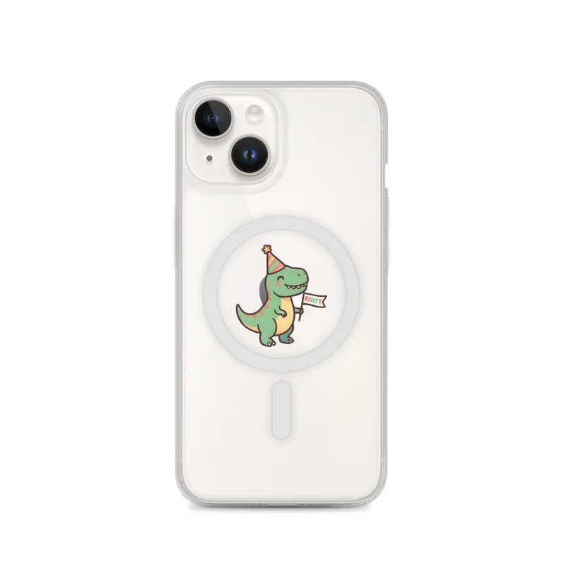 Party Hat T-Rex MagSafe Clear Phone Case, iPhone 14, 15, 16 and 17 case, kawaii dinosaur, kids room decor, gift for dino fans