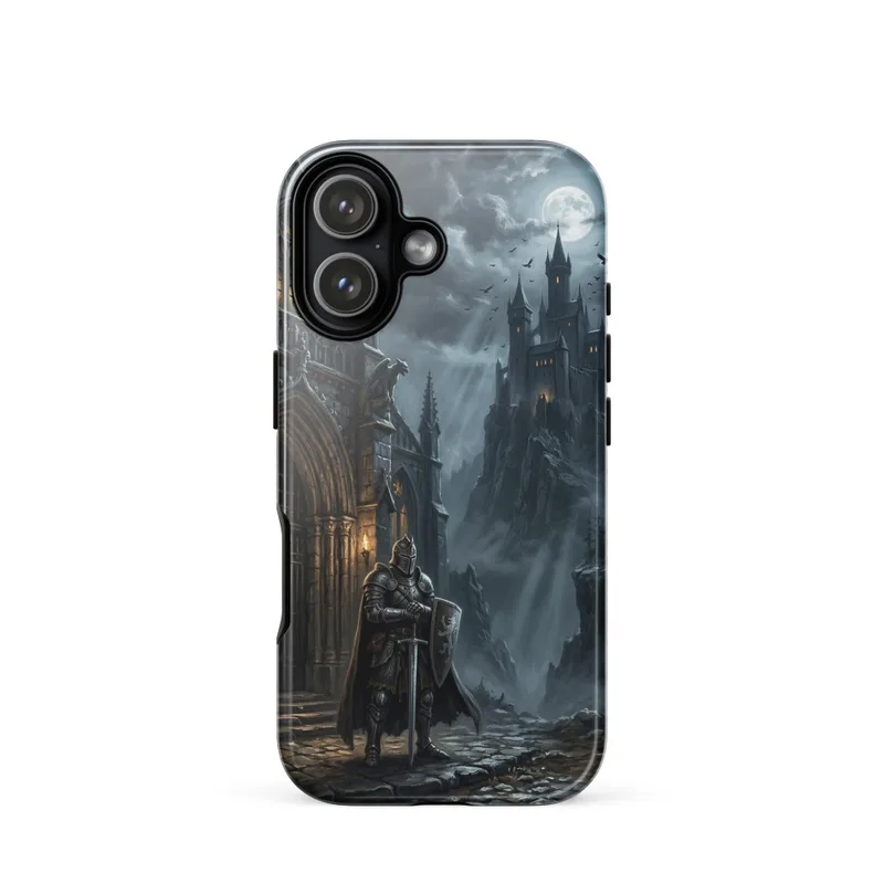 Moonlit Paladin Tough Phone Case, dark fantasy art, medieval knight design, gift for fantasy fans, iPhone 15, 16 and 17 case
