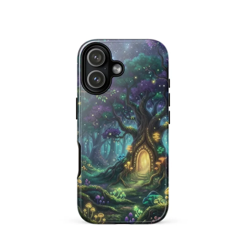 Bioluminescent Mushroom Grove Tough Phone Case, fantasy forest style, glowing mushroom art, iPhone 15, 16 and 17 case, gift for nature lovers