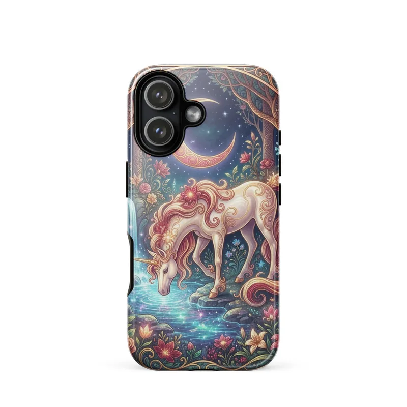 Moonlit Unicorn Tough Phone Case, iPhone 15, 16 and 17 case, art nouveau floral fantasy, romantic gift for unicorn lovers