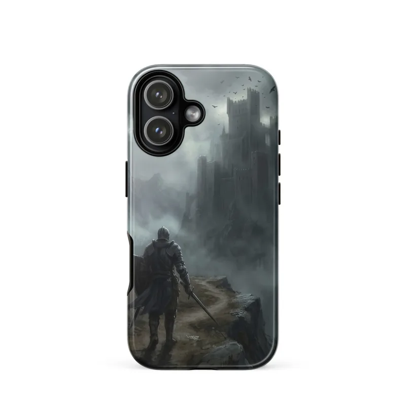 Knight on Foot Before the Keep Tough Phone Case, dark fantasy, medieval castle art, iPhone 15, 16 and 17 case, gift for fantasy fans