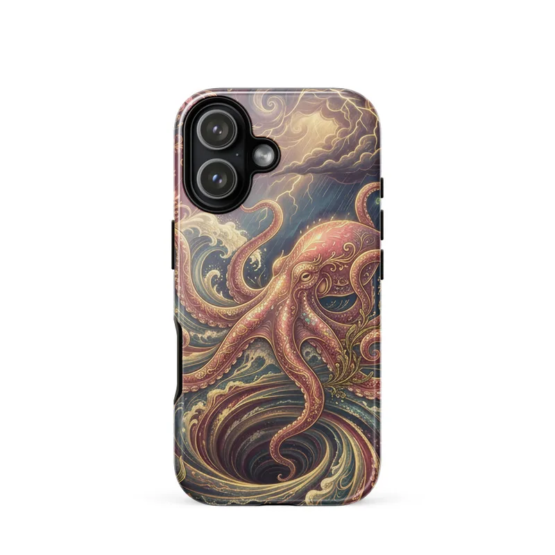 Kraken Rising Tough Phone Case, art nouveau phone case, floral fantasy gift, jewel tone case, iPhone 15, 16 and 17 case