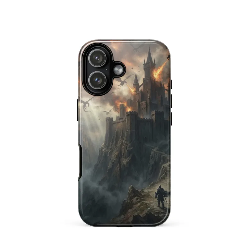 Siege of the Cliff Castle Tough Phone Case, dark fantasy art, medieval castle gift, iPhone 15, 16 and 17 case