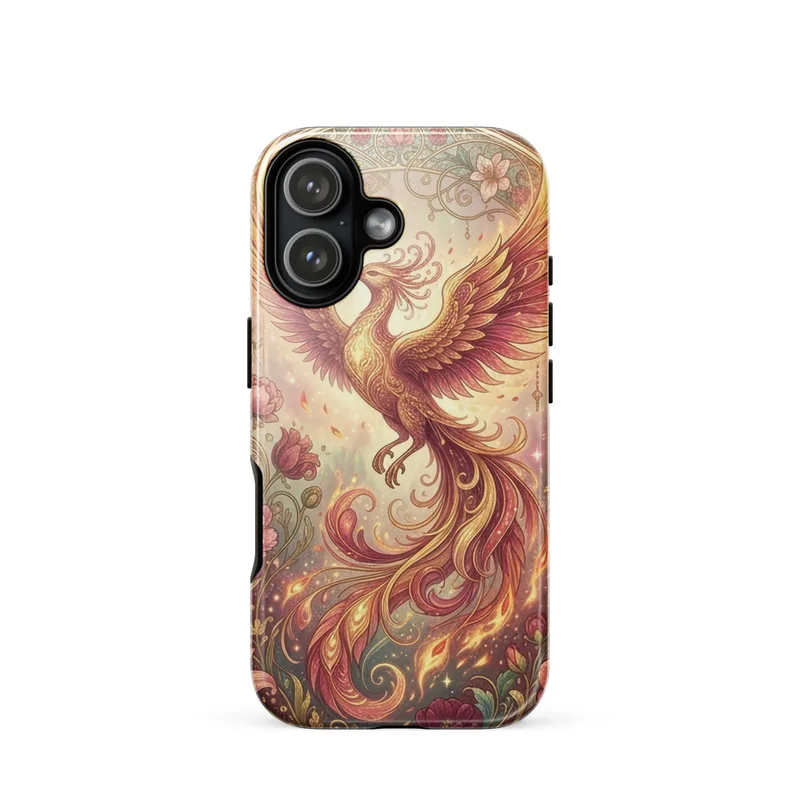 Phoenix Rising in Flight Tough Phone Case, iPhone 15, 16 and 17 case, art nouveau phone cover, floral gift for fantasy lovers