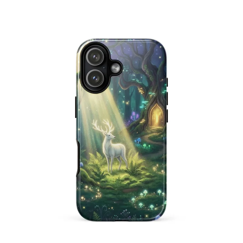 White Stag Tough Phone Case, iPhone 15, 16 and 17 case, enchanted forest art, fantasy phone cover, woodland gift