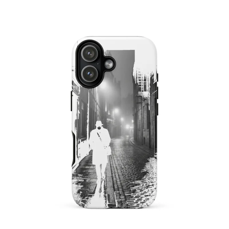 Lone Figure on a Misty Street Tough Phone Case, iPhone 15, 16 and 17 case, black and white photography, film-noir style, gift for photographers