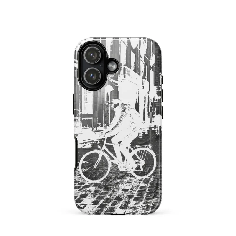 Cyclist Crossing Cobblestones Tough Phone Case, black and white street photography, film-noir style, gift for cyclists, iPhone 15, 16 and 17 case