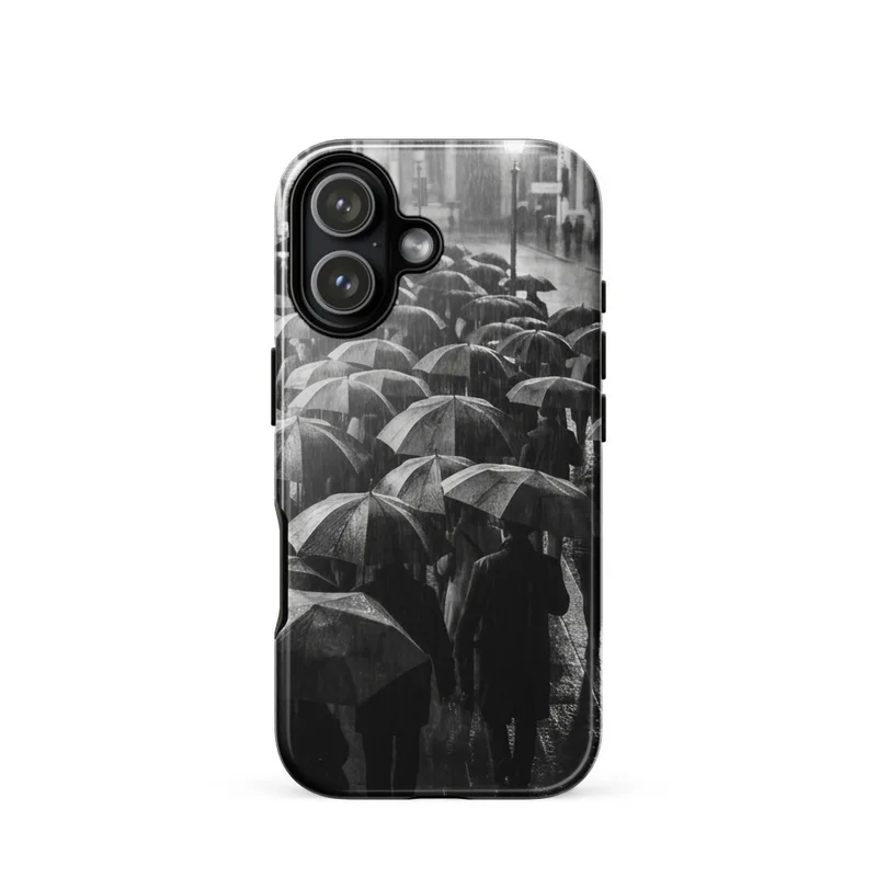 Umbrellas in the Rain Tough Phone Case, black-and-white street photography, film-noir style, iPhone 15, 16 and 17 case, gift for photographers