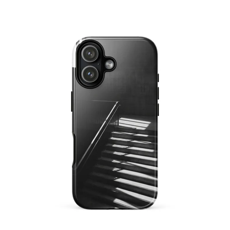 Stripes of Light Across an Empty Staircase Tough Phone Case, iPhone 15, 16 and 17 case, black and white photography, gift idea
